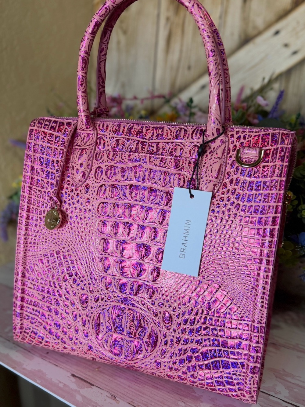 NWT Brahmin Caroline Empower Melbourne Leather Pink Purple sparkle FIRM $ 2 EYES